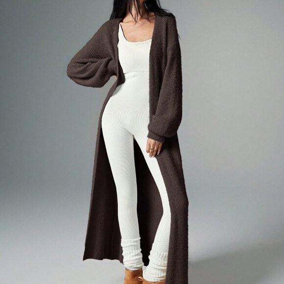 Coffee Brown Casual Women's Plush Extra Long Knit Cardigan - Picture 7 of 7